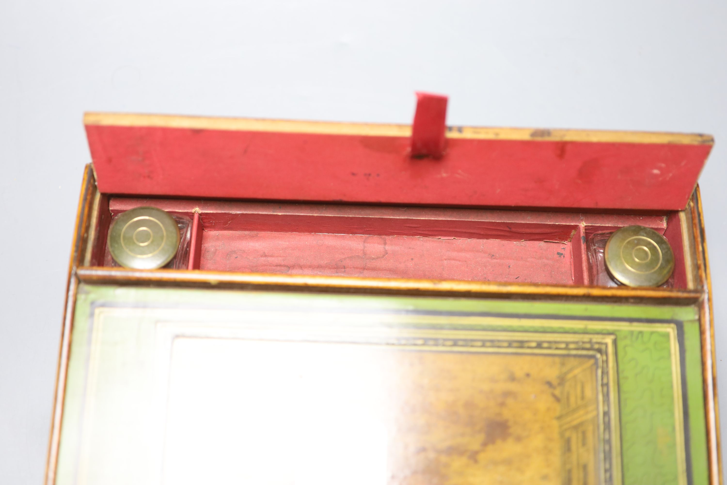 An early Tunbridge ware green japanned writing slope, 28.5cm, with views of Marine Parade, Brighton and East Front of Pavilion